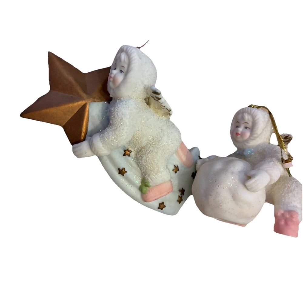 2 VTG Bisque Porcelain Snow Babies Ornaments Angel Star Comet Department 56 - Picture 2 of 15